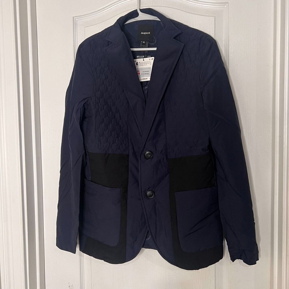 Desigual Ame Adler Navy‎ Blue Quilted Mixed Media Blazer Jacket 20SMAW08 Mens 48